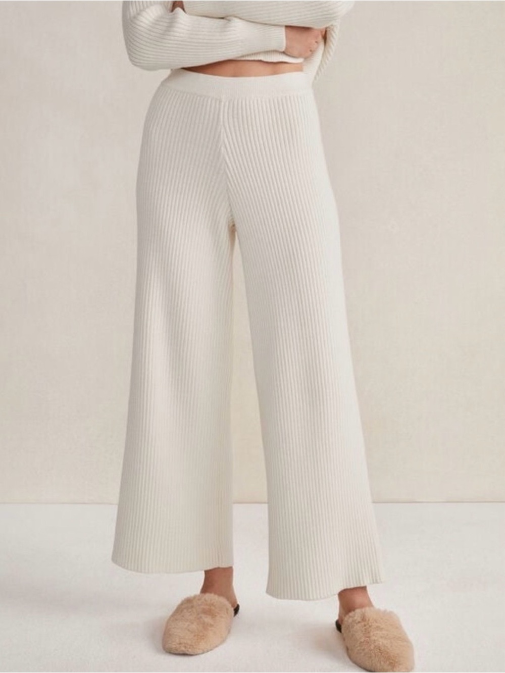 aerie Cream Ribbed Wide-Leg Knit Pants